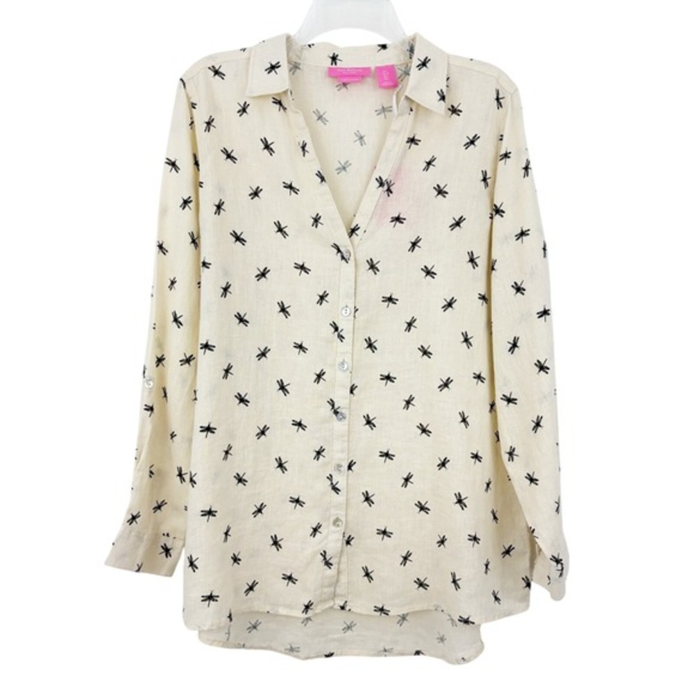 NWT Isaac Mizrahi Linen Dragonfly Button Up Shirt Size‎ L Cream Roll Tab Sleeves
